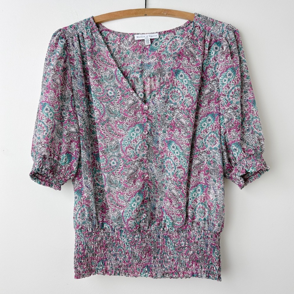 Maison d'Amelie Anthropologie Paisley Blouse Top S Puff Sleeve Coquette Romantic